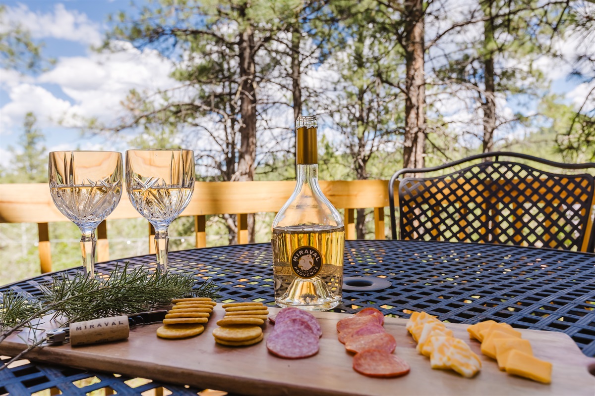 The deck is a great place to relax in the forest.