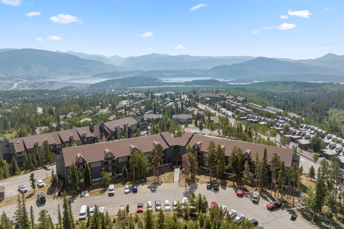 Aerial view of complex with Lake Dillon in background