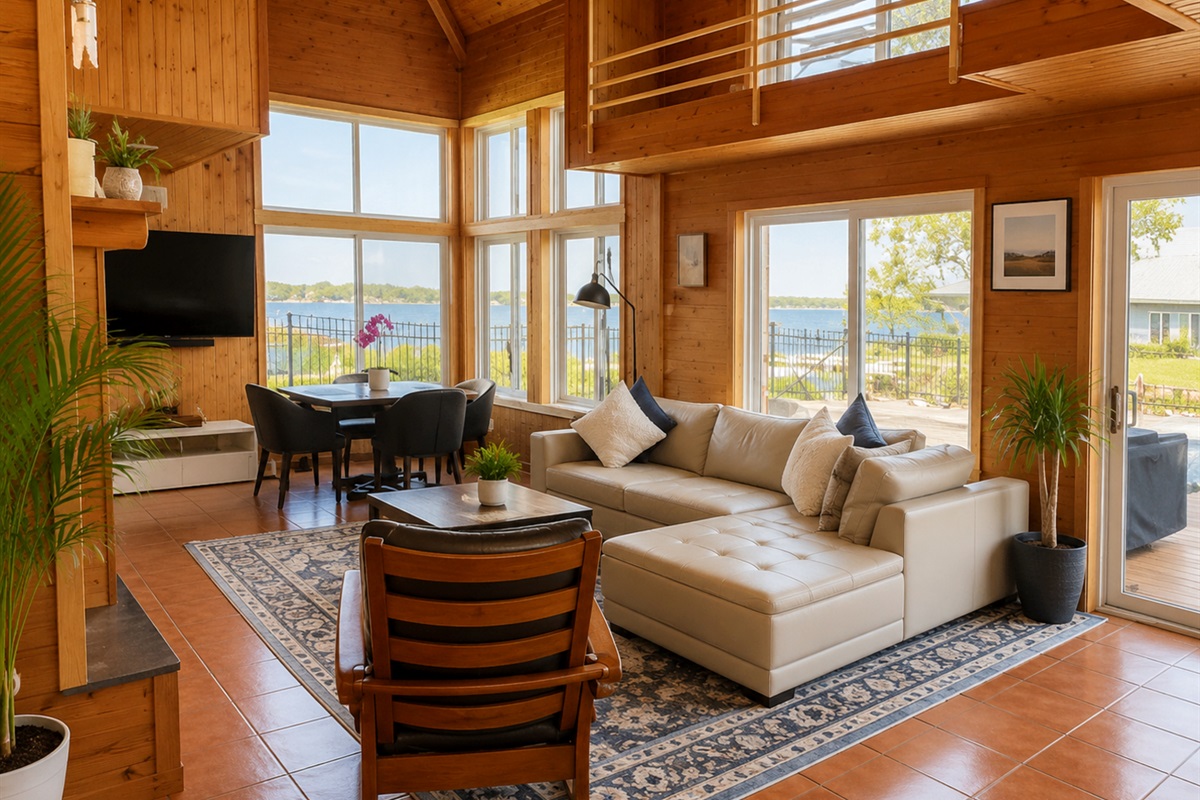 Cozy living room with great views. of the lake.