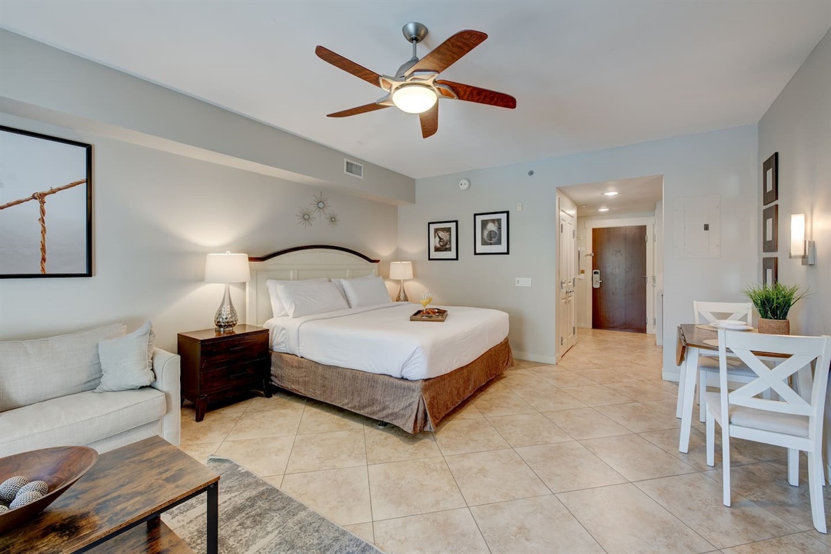 Open concept allows for pool views from throughout the studio.