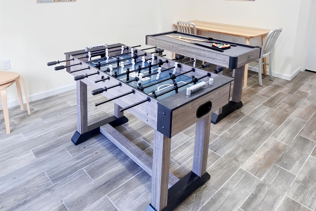 Lower level with Smart TV, PlayStation 5, foosball, mini pool table