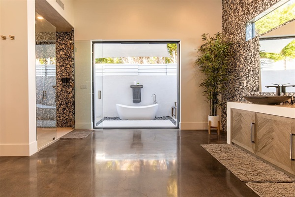 Primary Bath - including private outdoor lounge with bath, shower and seating