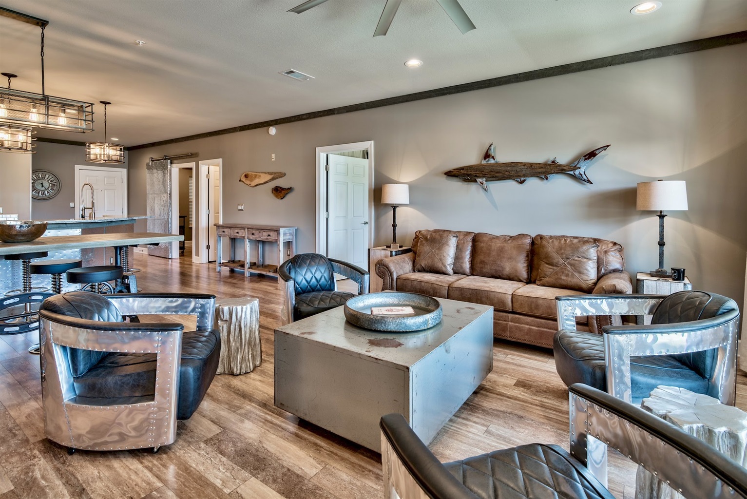 Industrial Chic design, Custom Rebar Light Fixtures and Leather Airplane Chairs