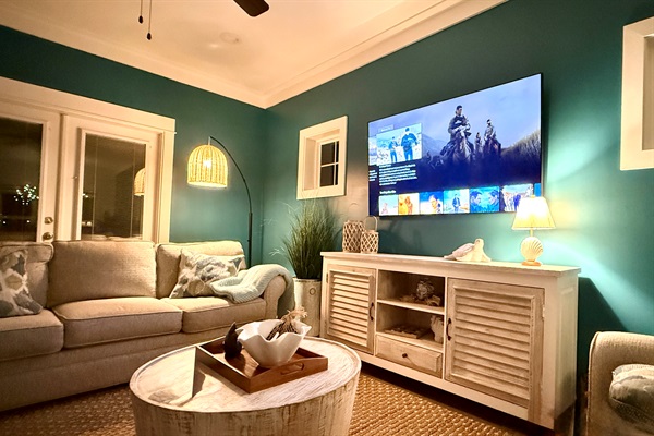 Relax in our living room and watch your favorite shows on the large TV with ROKU.  Stream all of your favorites.  Don't worry - there is plenty of seating for the whole group with two large couches and a couple of additional chairs.