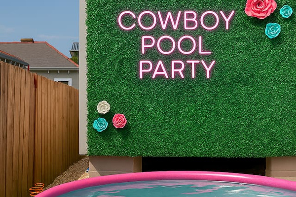 The cowboy pool is a made from an 8-foot diameter stock tank.  It is filtered and lightly chlorinated, and cleaned between each guest. Please note: the "Cowboy Pool Party" neon sign is for display only. 