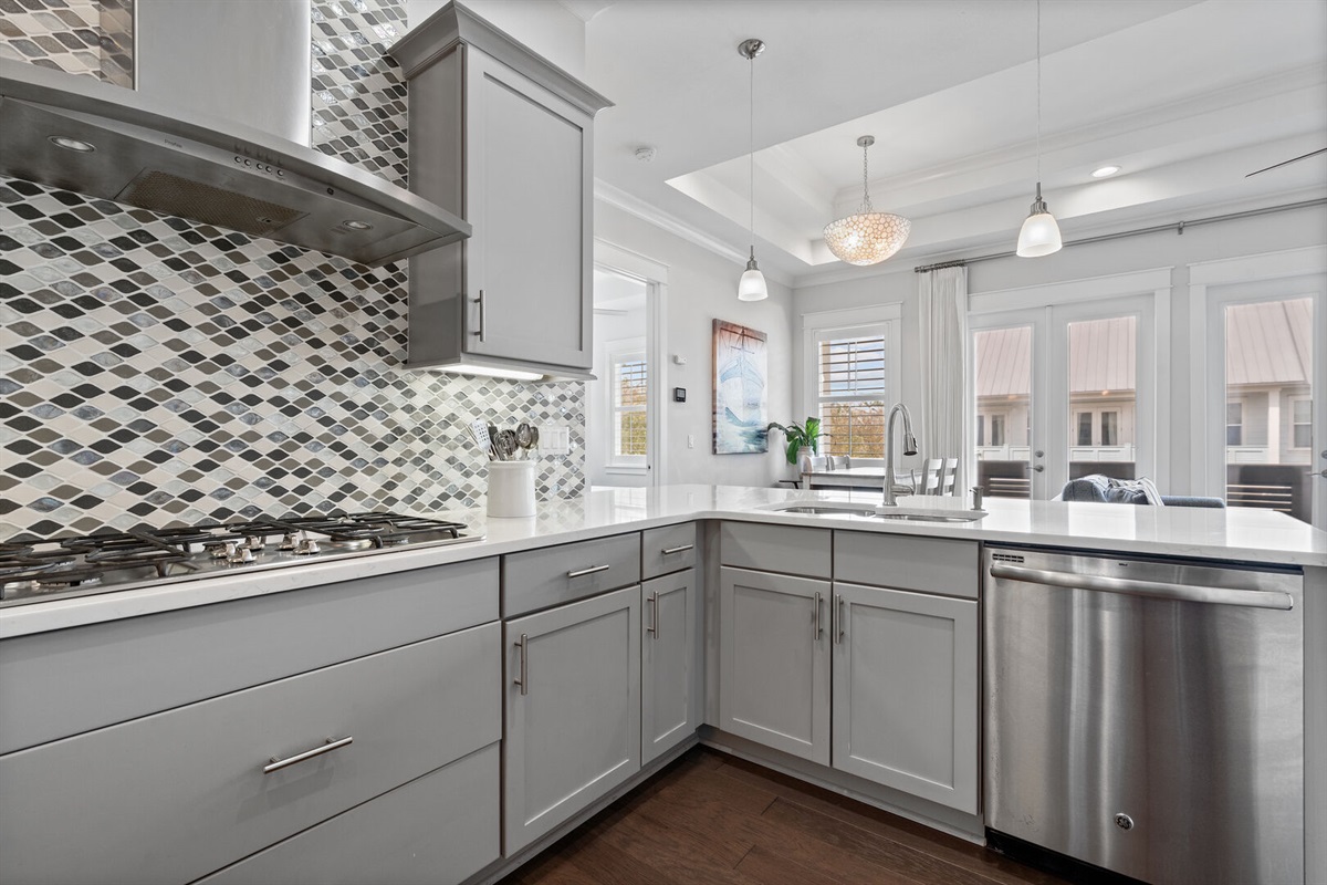 Ample counter space and cabinet storage.