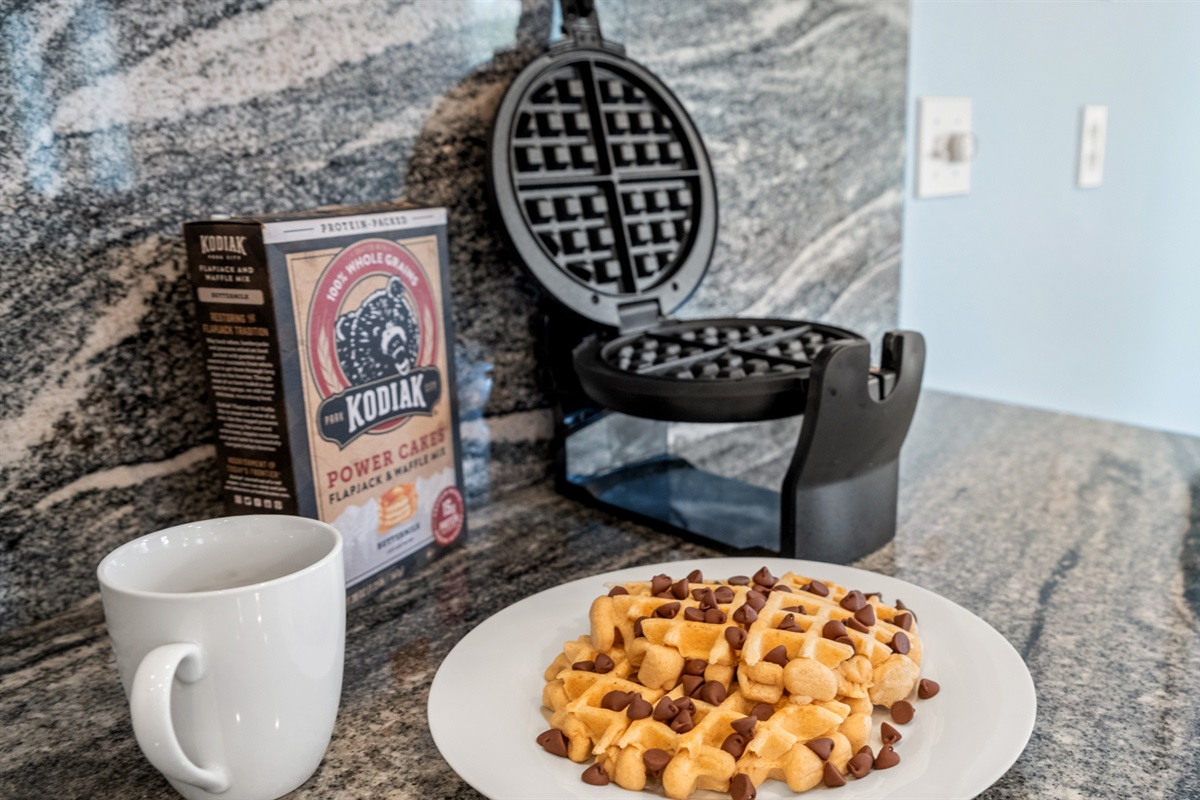 Vacation mornings start here. The waffle maker is ready and yes, they're really good waffles.
