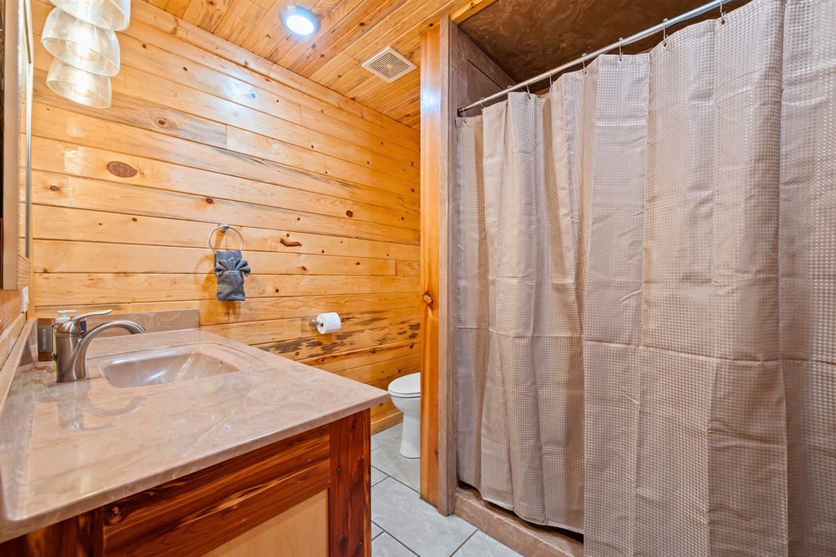 From this view, the bathroom feels open and functional while still maintaining a cozy cabin style.