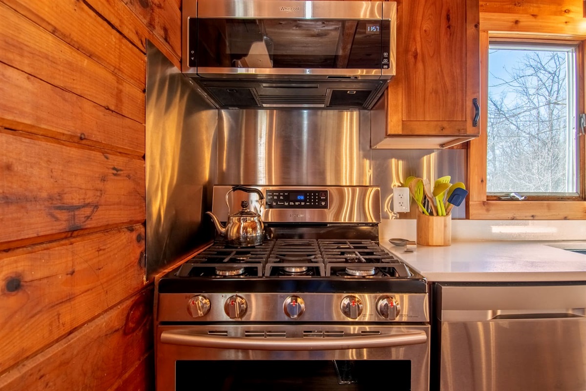 Convection stove, microwave and dishwasher. Exhaust fan vents outdoors.