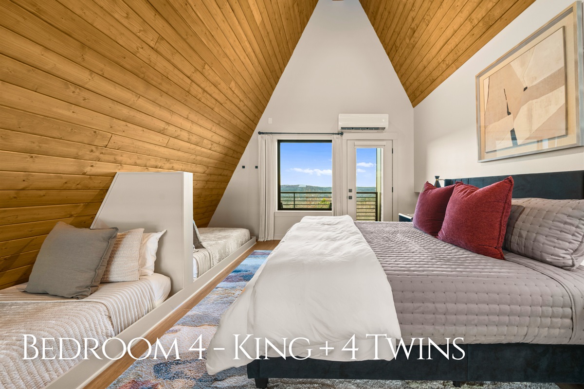 Tucked under the A-frame ceilings, this loft bedroom feels extra special, with a cozy layout and a warm charm that makes it so memorable.