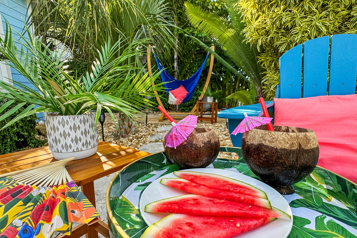 Lounge in the chairs by the pool or the hammock!