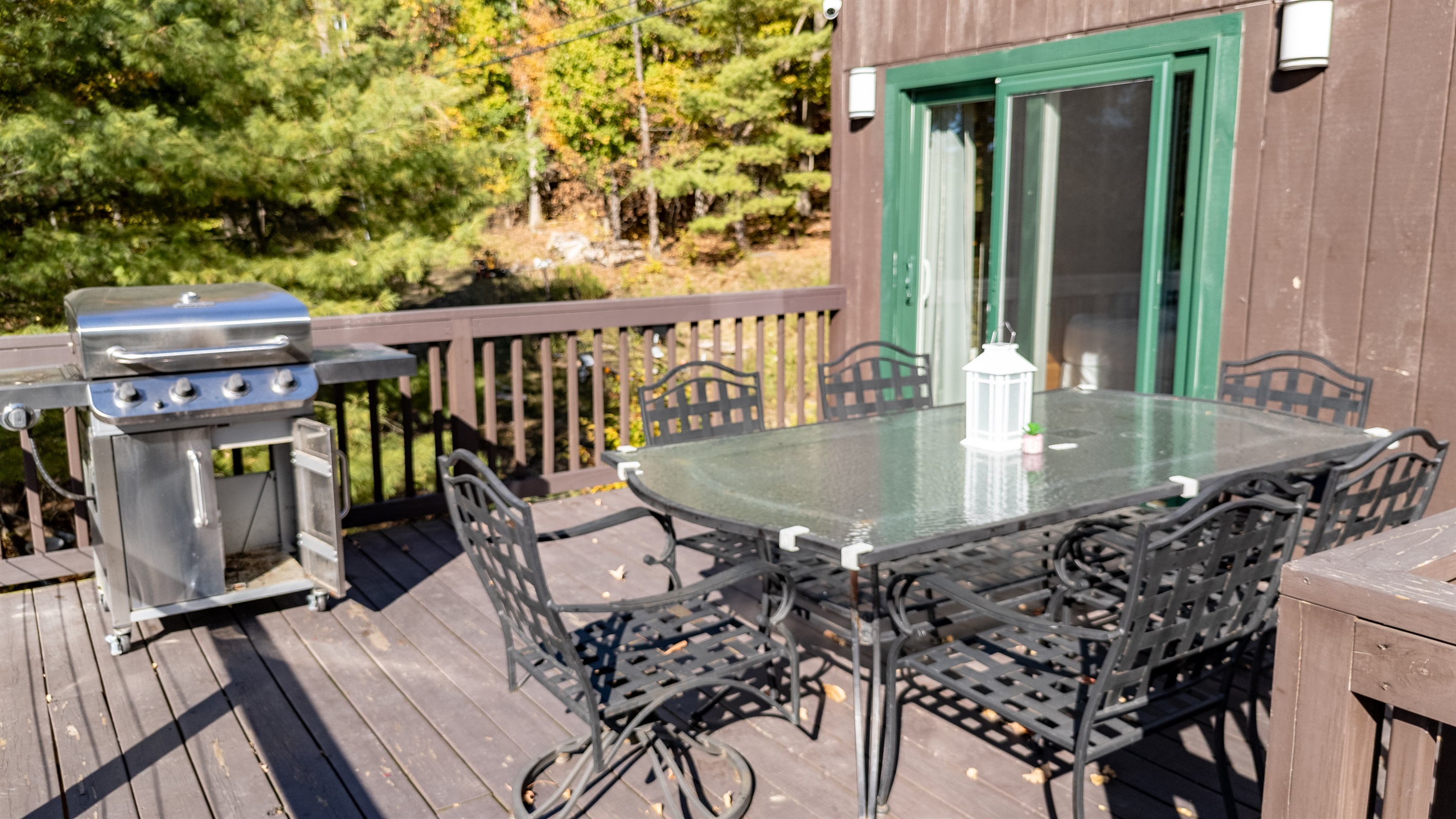 Deck top with grill and patio table overlooking forest — cook, dine, relax.