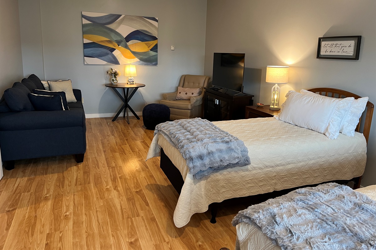 Lower level Family suite with Queen, Twin and lounge area