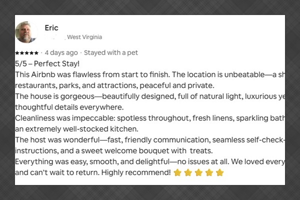 Eric's Five-star Airbnb guest review of his Hilltop Oasis Abingdon vacation stay for his Mom's 80th birthday. And, they brought their pup! March 2026.