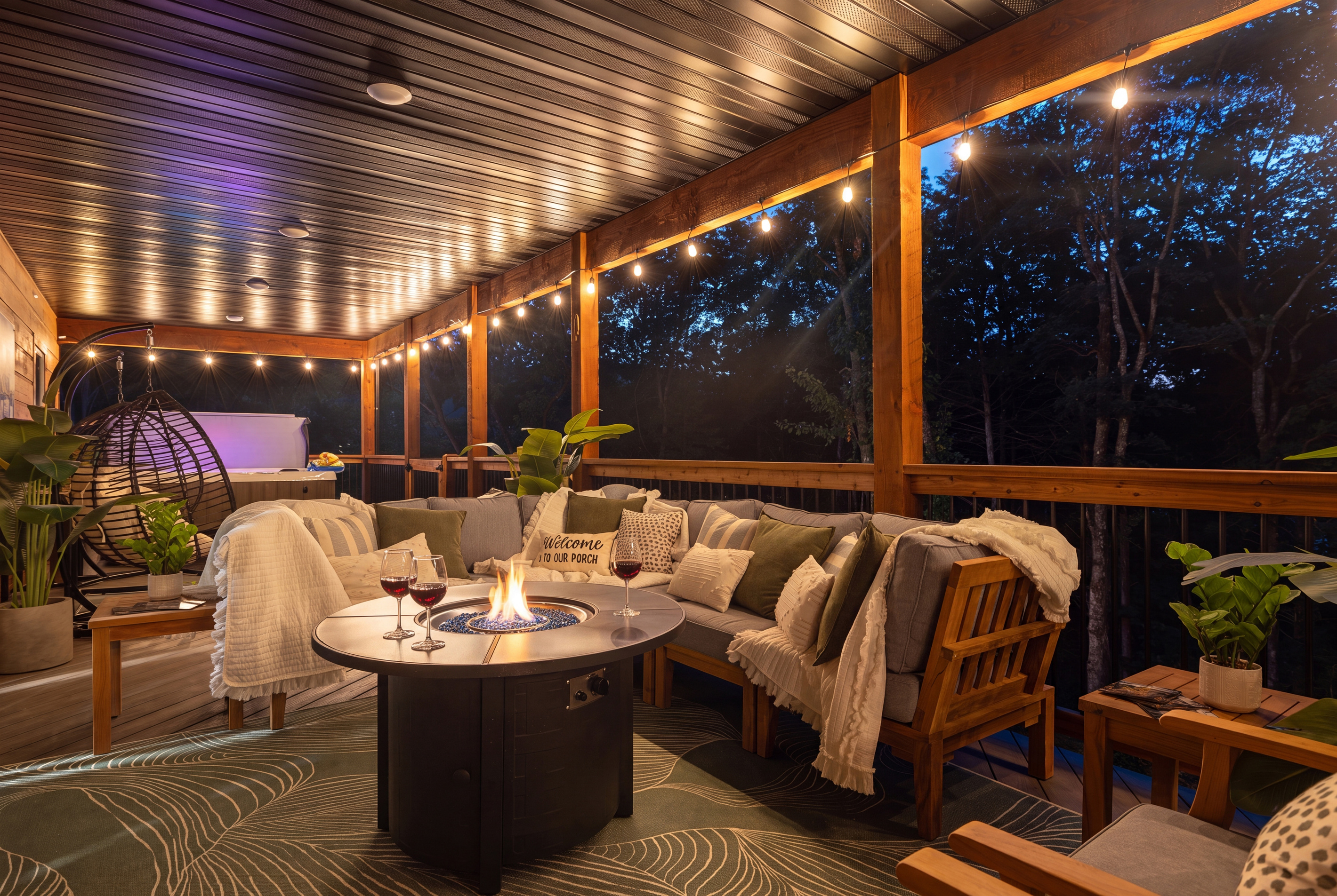 Gather around the fire table as the string lights flicker on and the woods fade to blue.
