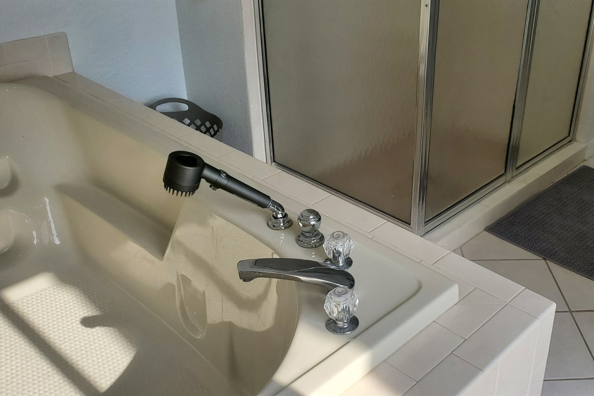 Jet tub in King bathroom, walk in shower