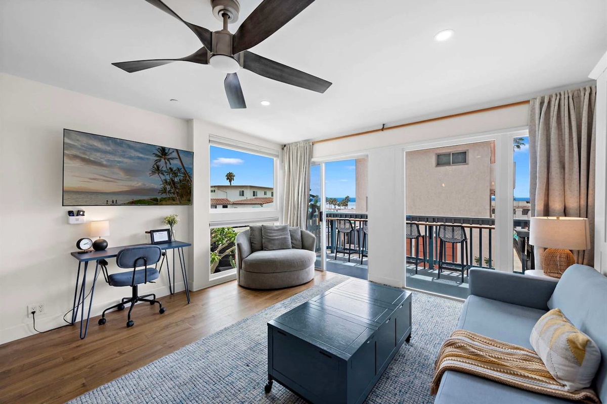 The living room has lots of natural light and extends out to your private ocean-view balcony perfect for happy hour and bbq's.