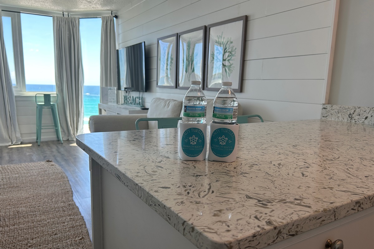 Gulf views from the kitchen + welcome touches waiting for you