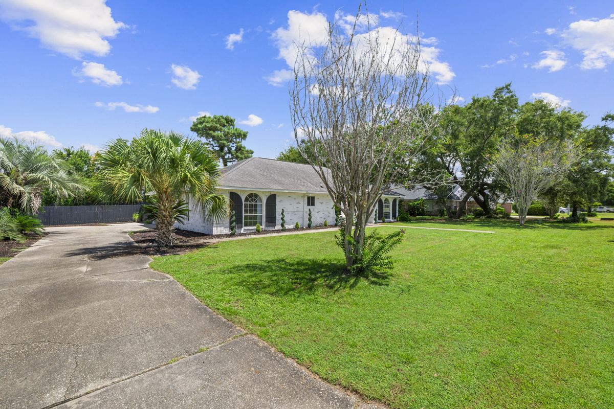 Room to park with ease — a long driveway leading up to the home, bordered by lush grass and tropical greenery.