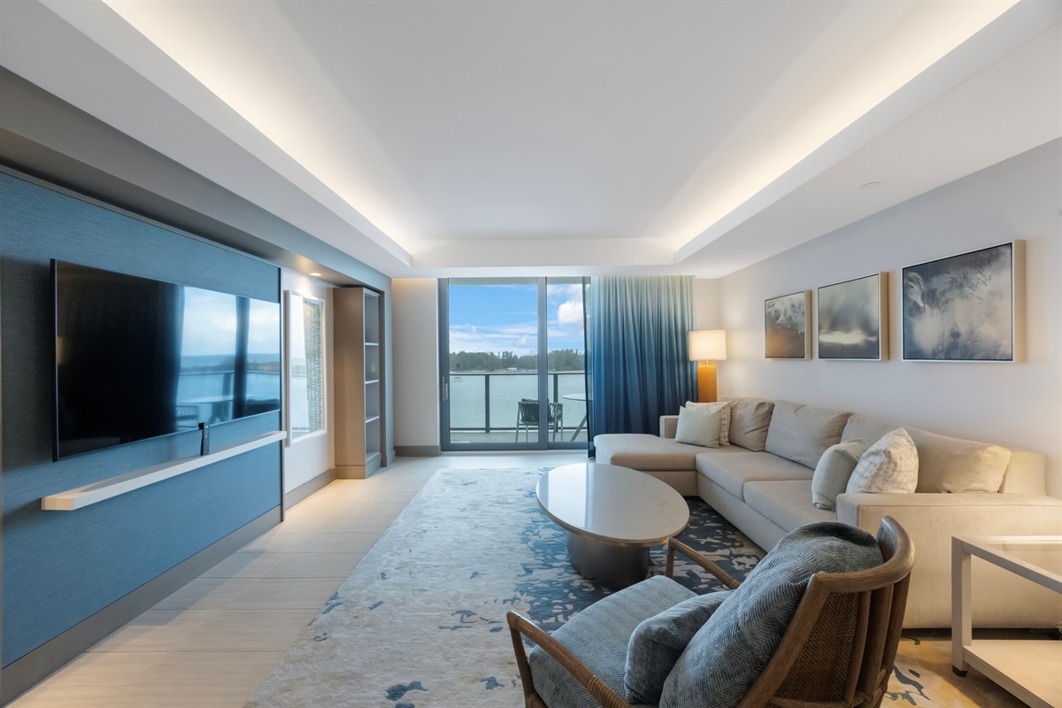 Living area, entrance to 7th floor private balcony