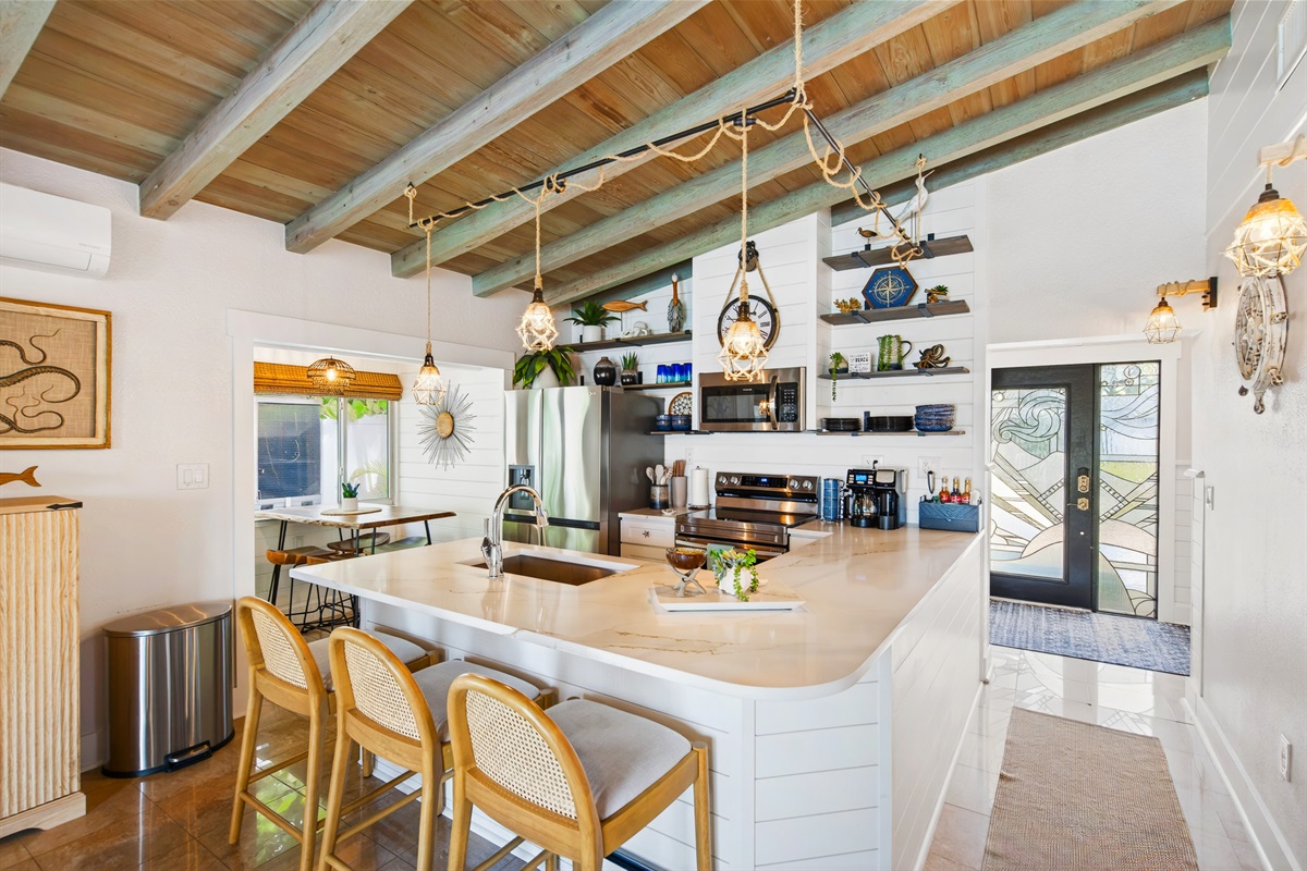 The full kitchen is great for eating in.