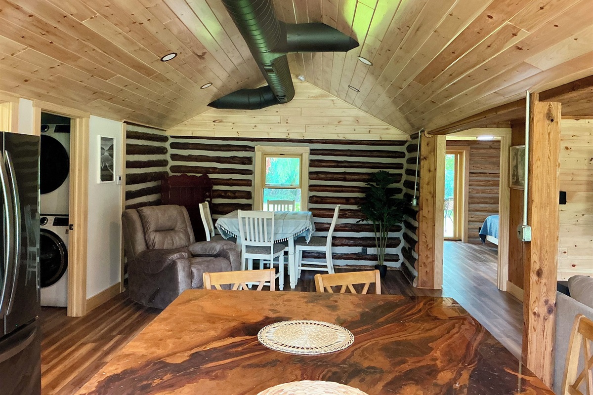 Large kitchen area and seating at both island and dining table