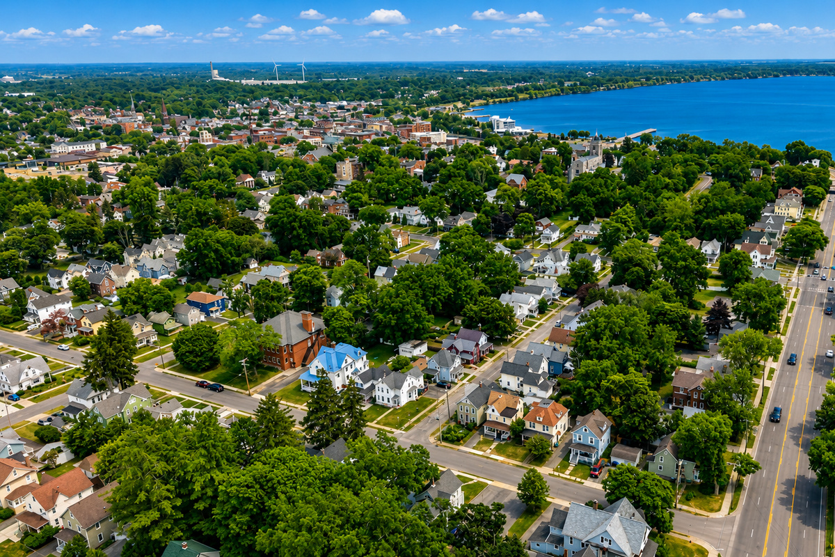 Aerial view of the neighborhood and lake