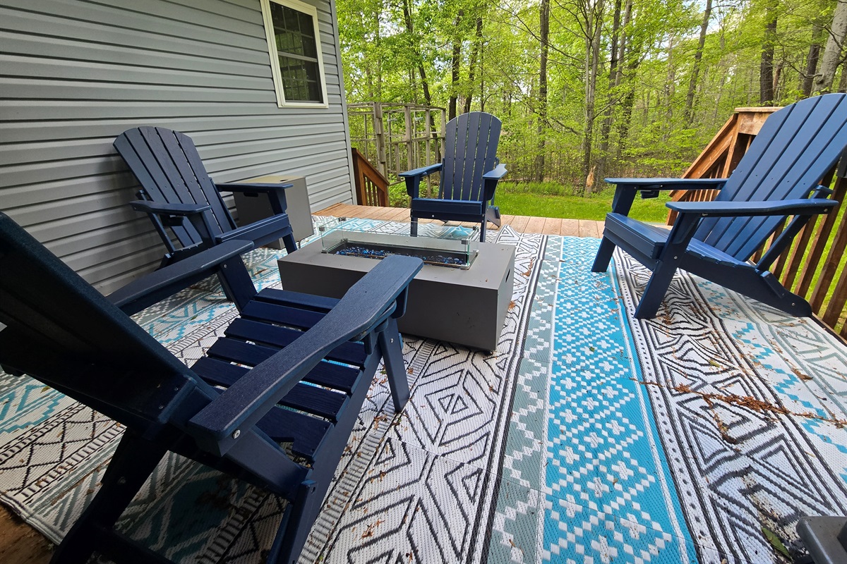 Rear deck with BBQ, propane fireplace and seating