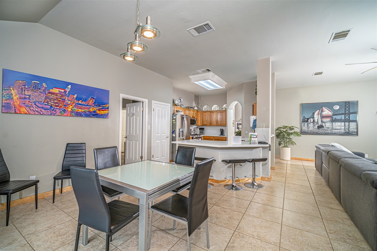 Mini fridge and wine cooler conveniently located by back doors. Dining table expands to seat 6. Series E glass keeps all heat and cold out, so drapes can be left open 24 hours a day to enjoy the view.