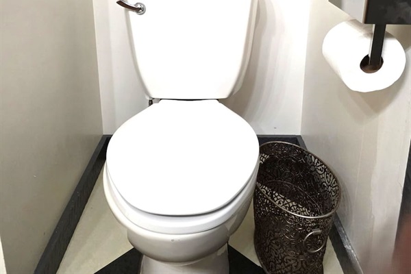 Downstairs bathroom with tub/shower, double sinks and toilet