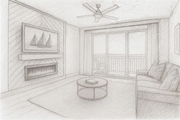 Coastal-Chic Living Room with Fireplace & Gulf-Facing Balcony