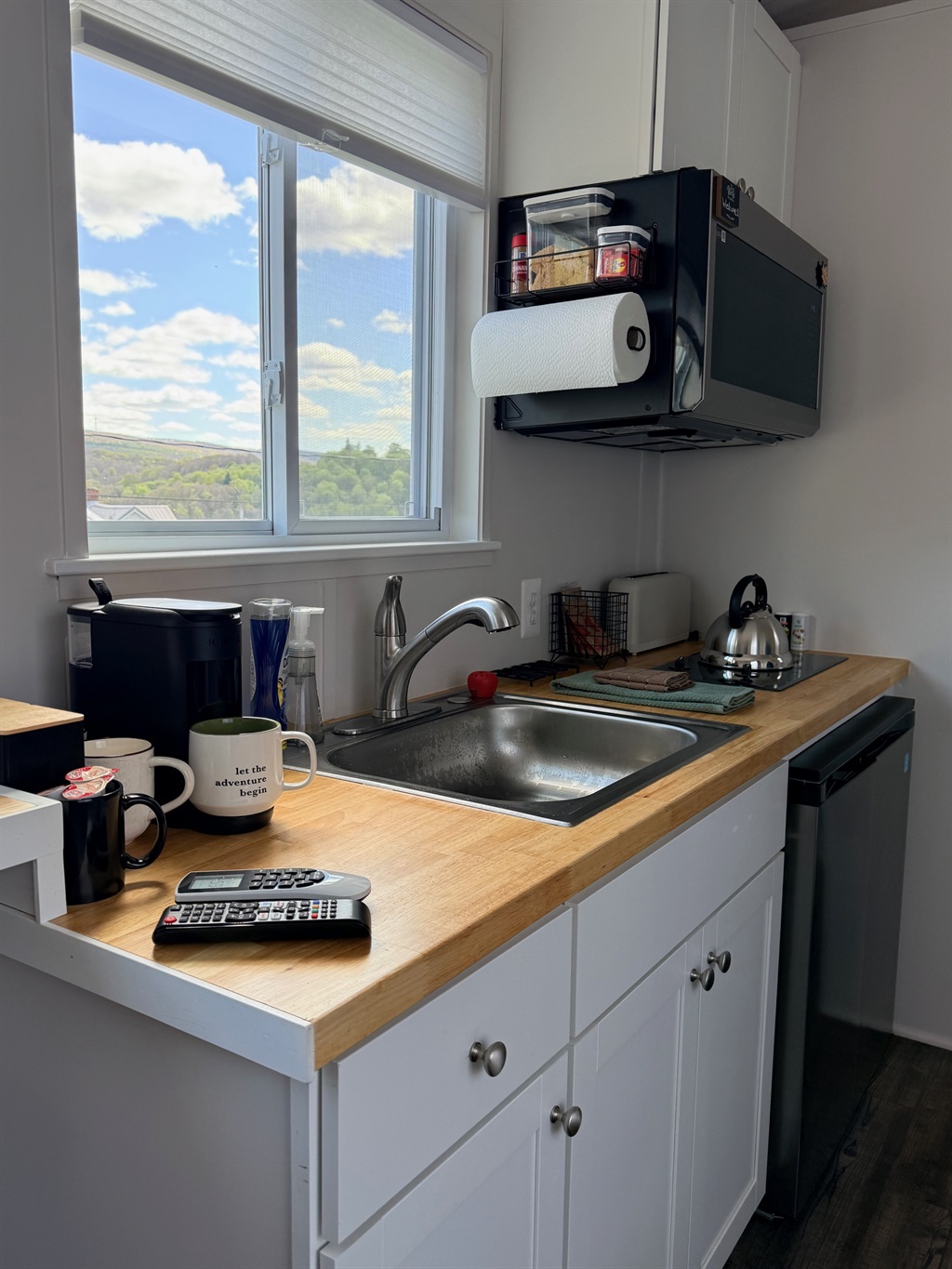 Kitchenette that includes microwave, electric cooktop, fridge, and freezer