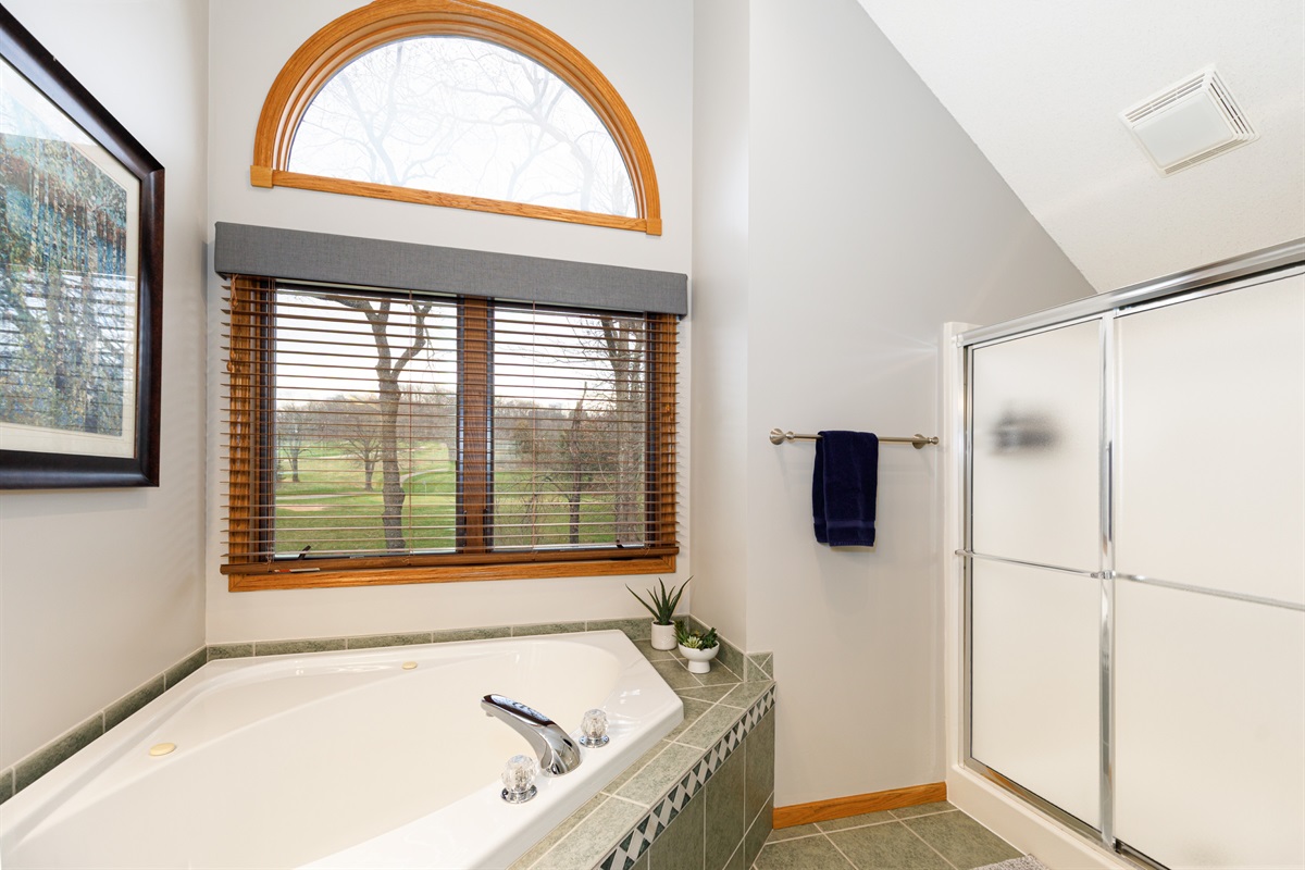 Large Primary bath with double vanity, soaking tub, and separate shower