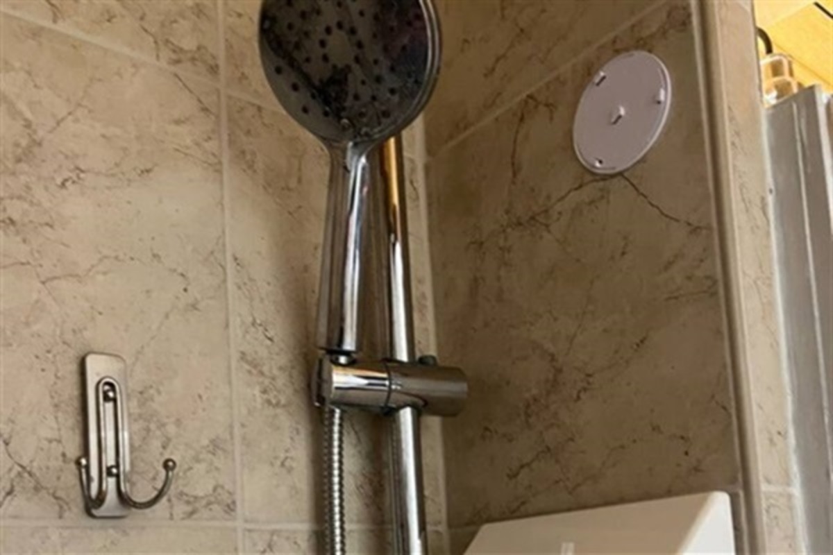 Recharge in a full-sized shower with a convenient dispenser that includes shampoo, conditioner and body wash!