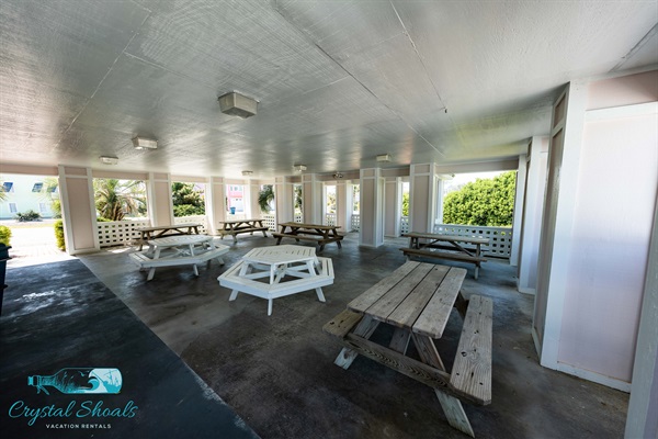 Enjoy lunch in a covered pavilion adjacent to the pool - with bathrooms