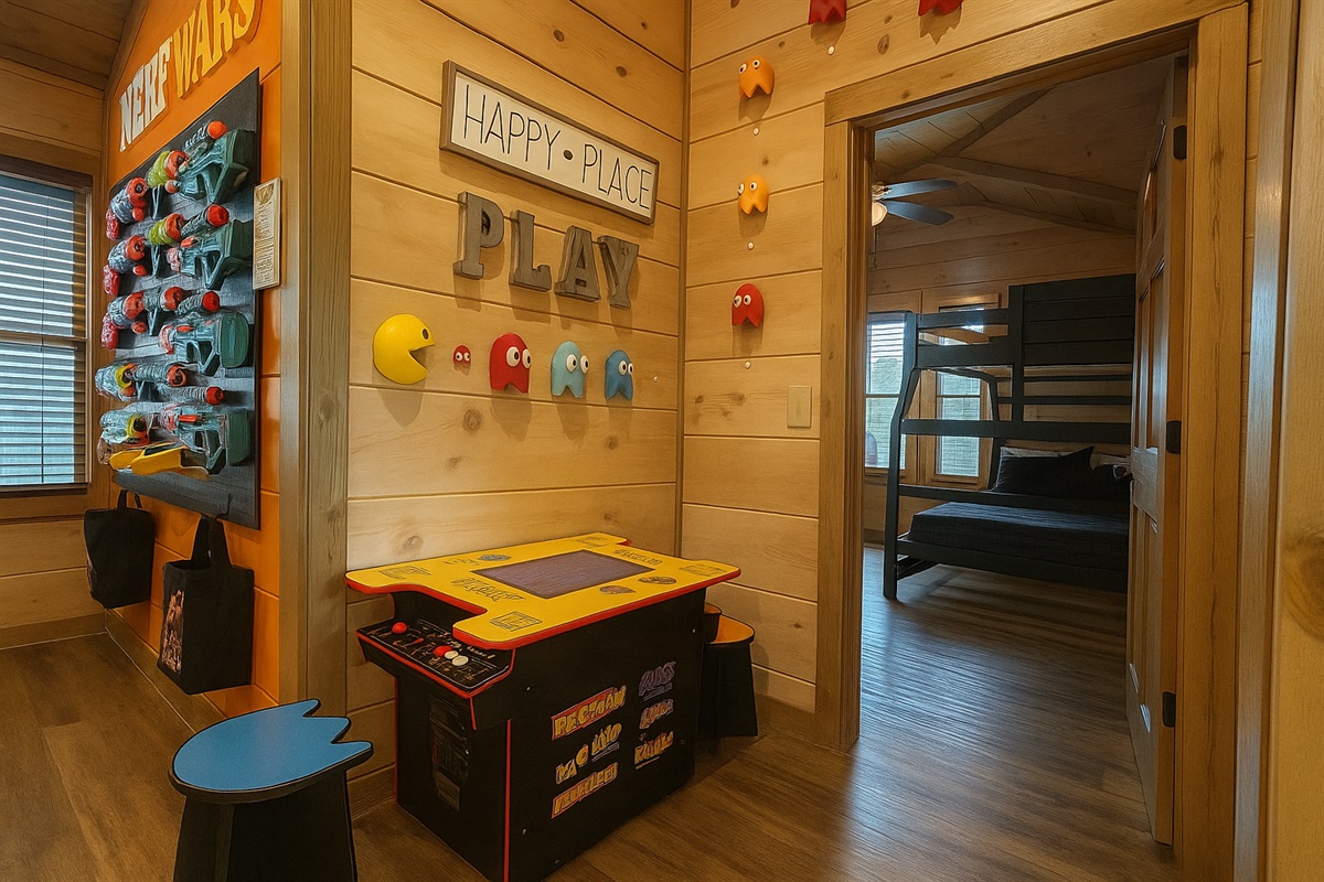 Upstairs: Pac-Man arcade has multiple games.