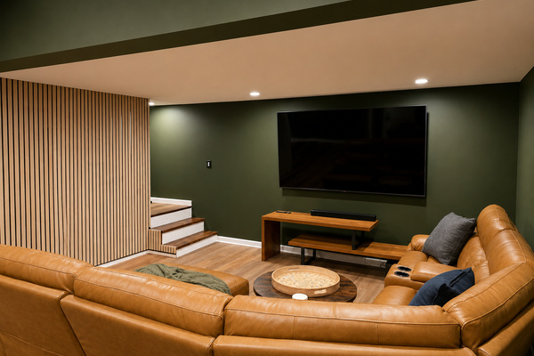 Comfortable basement living area with a large sectional, big-screen TV and open access to the game-room space.