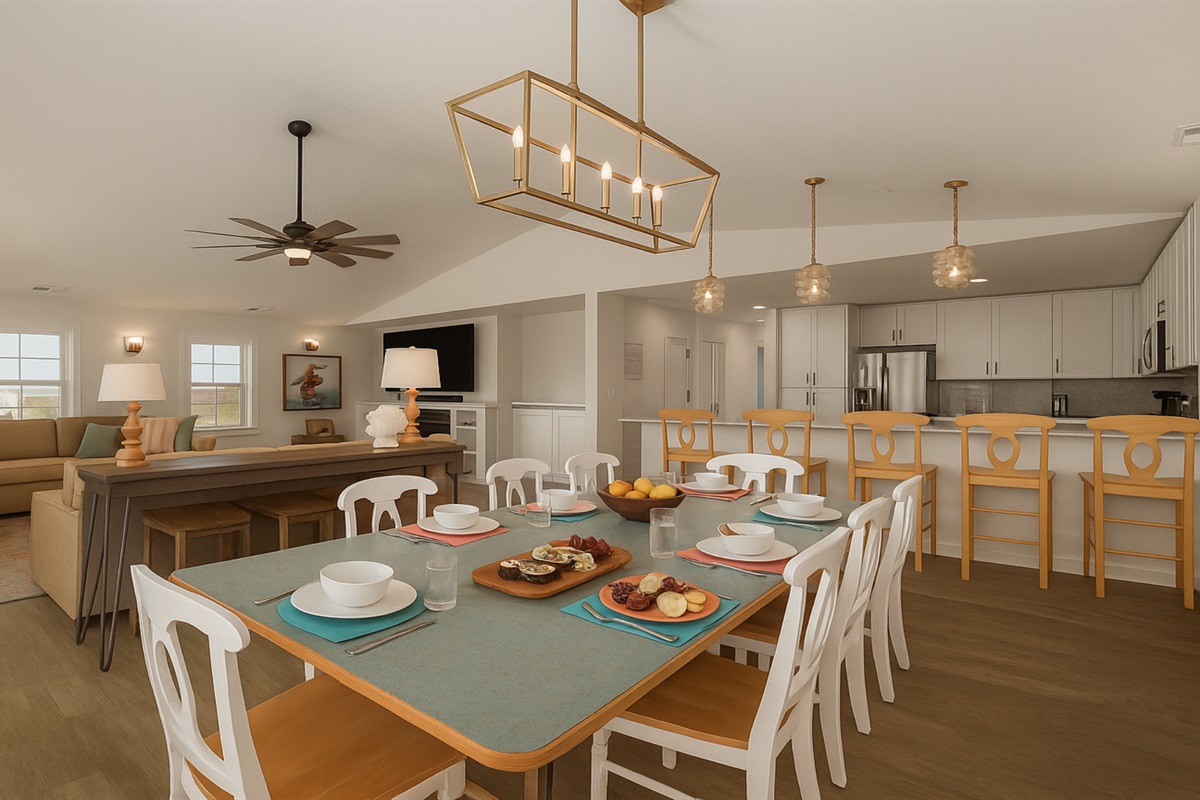 Open-Concept Kitchen, Living & Dining — Built for Large Group Comfort | Coastline Haven, Nags Head OBX