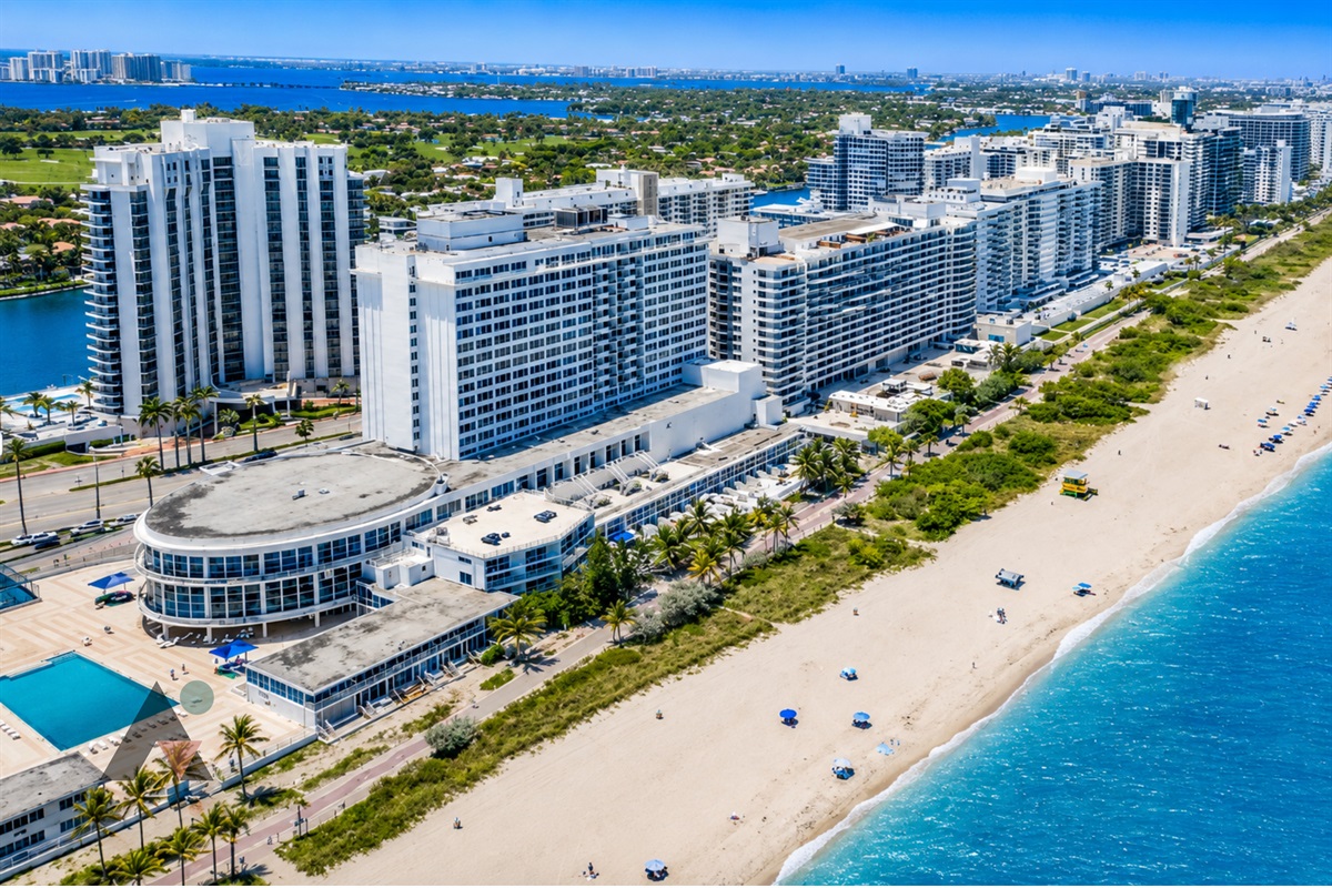 An aerial view of Castle Beach Club on Miami Beach's Millionaire's Row, set directly on the sand between the Atlantic and Collins Avenue.