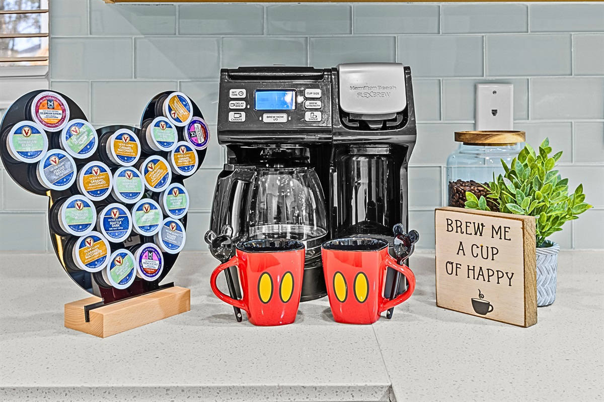 Mickey beckons to have some coffee! Full coffee bar with gourmet coffee beans, K cup makers, French press and more!
