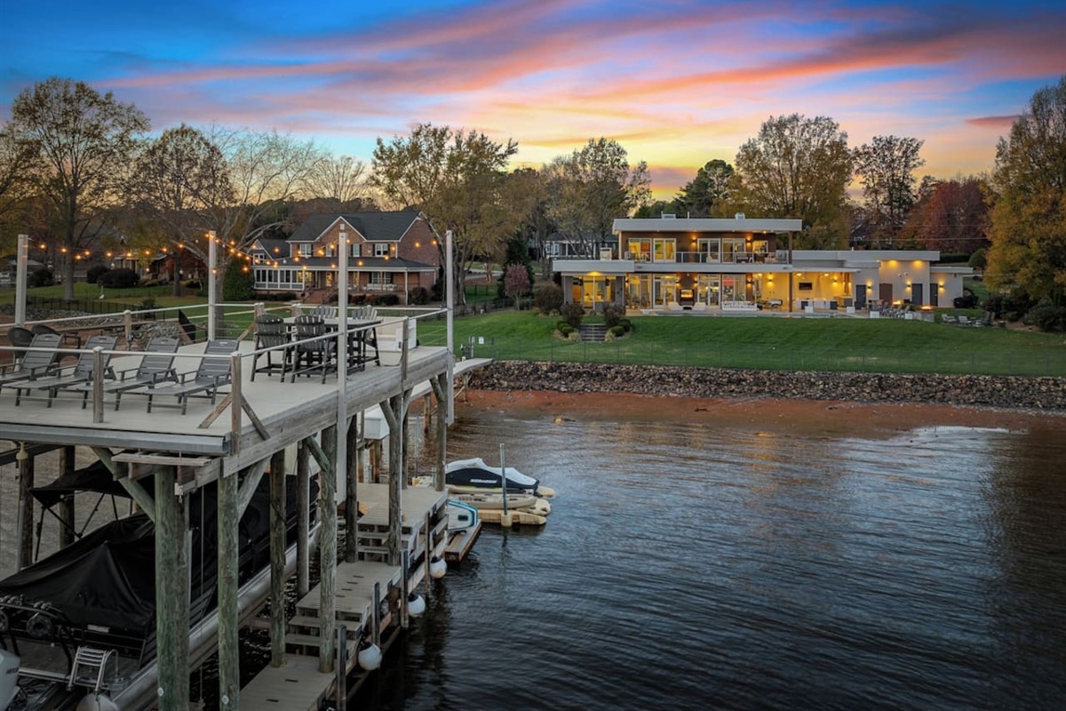 Our double decker dock at dusk with string lights overhead.