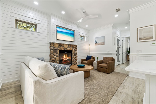 Open concept kitchen, dining room, and living room.  (Fireplace is for aesthetics at this moment.   Please do not use or touch.)