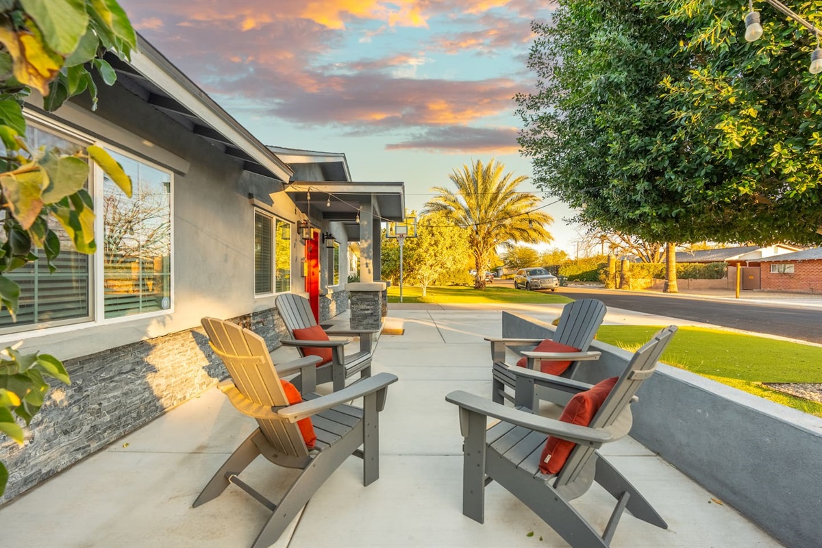 Cozy sitting area in the front yard, designed for relaxation and enjoying the outdoor ambiance.