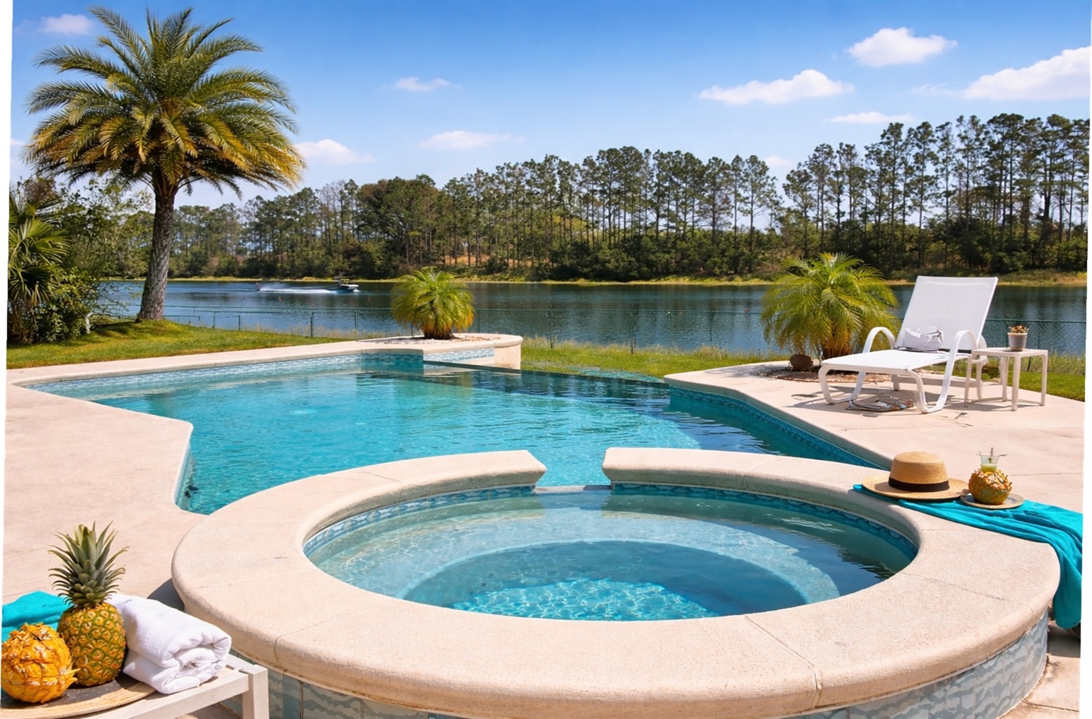 Spa, infinity edge pool and waterskier