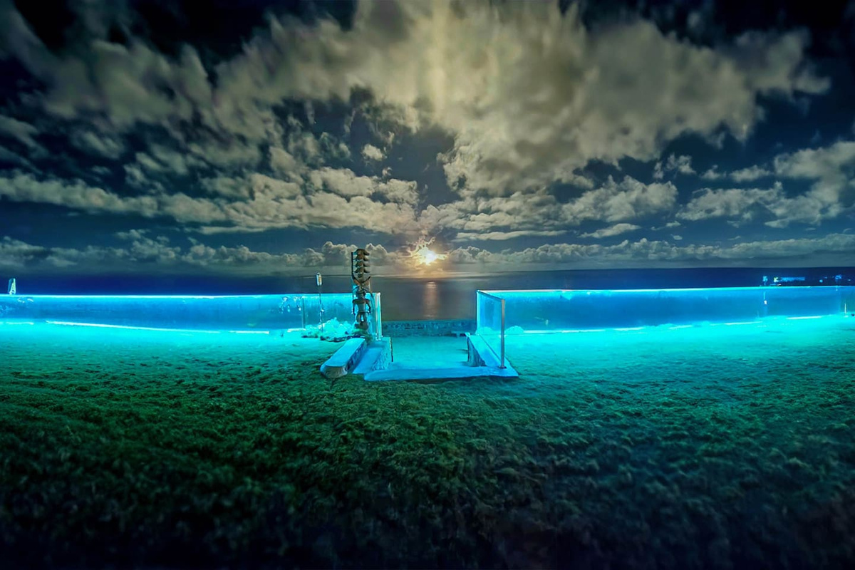 Ethereal Moonrise at home with built-in Great Gatsby glass panel lights. Hawaii version of Led Zeppelin's Stairway to Heaven with private steps leading from the beachfront garden to home's enclosed private beach, which has private steps to the ocean
