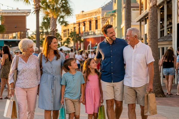 AI-created shopping and dining illustration inspired by Pier Park in Panama City Beach. Off-property outing; purchases and activities cost extra.