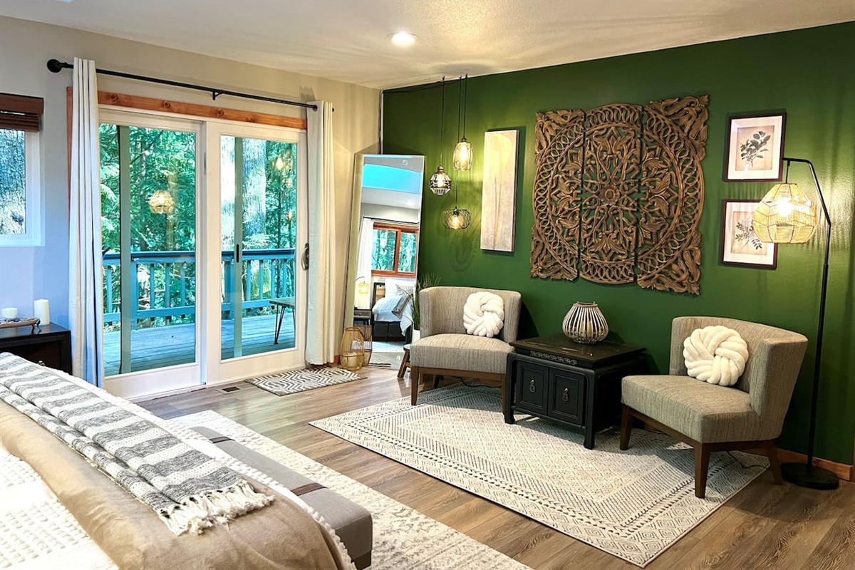 Master bedroom with king bed, Relaxation Station and Back Deck Access.