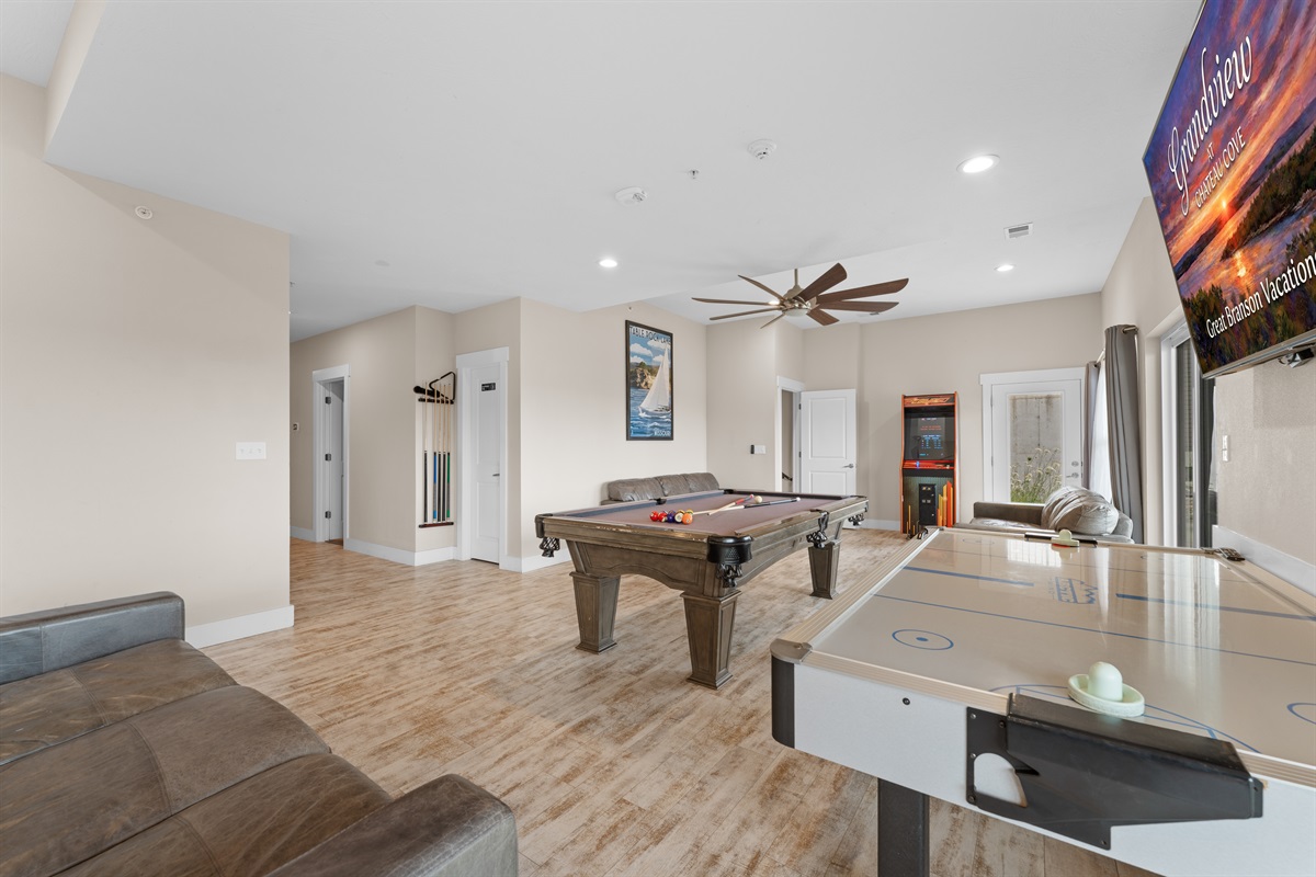 Game Room with Pool Table, Air Hockey Table, 3 Big Couches, and 75" TV!