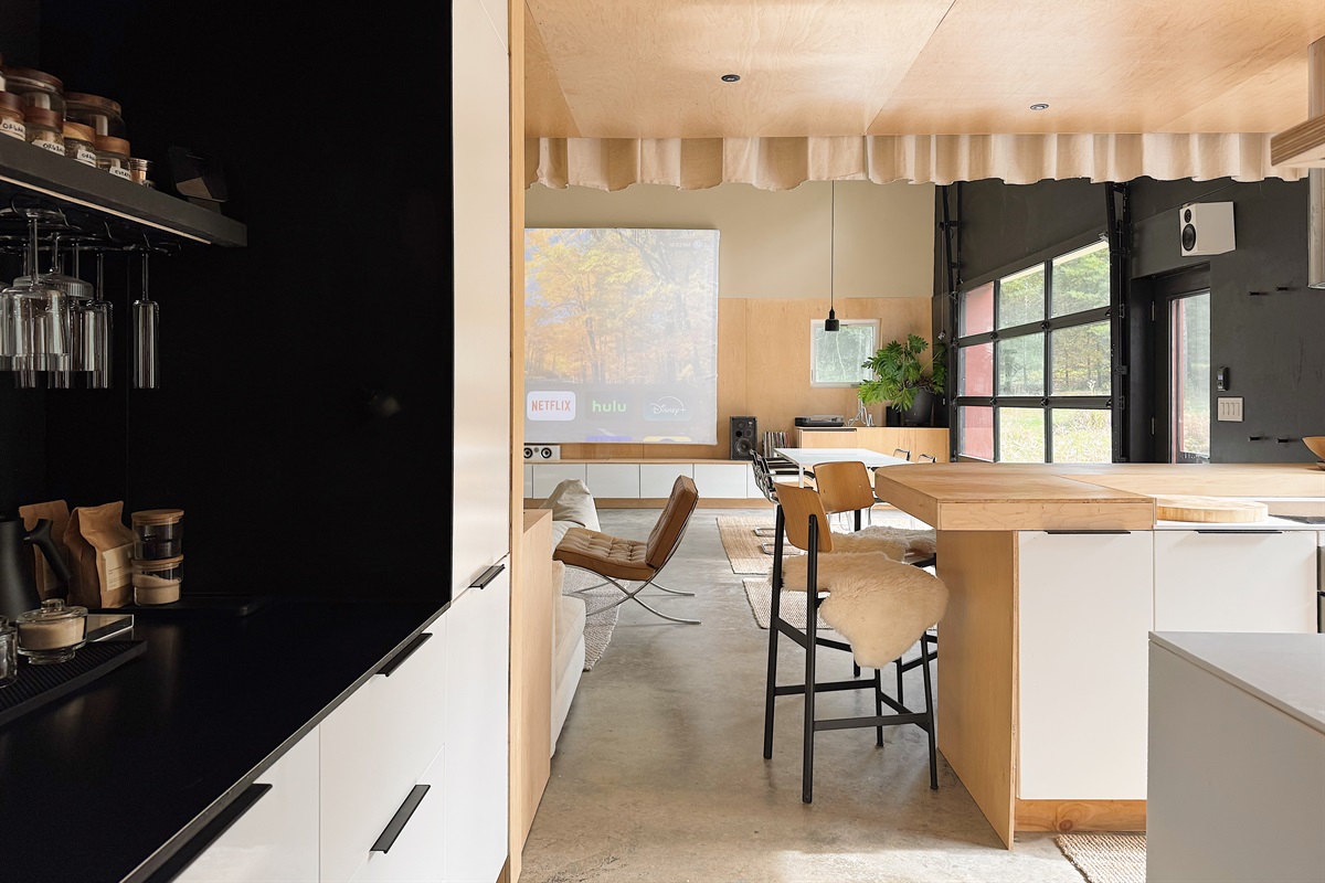 Kitchen and coffee bar with view of the projector screen,