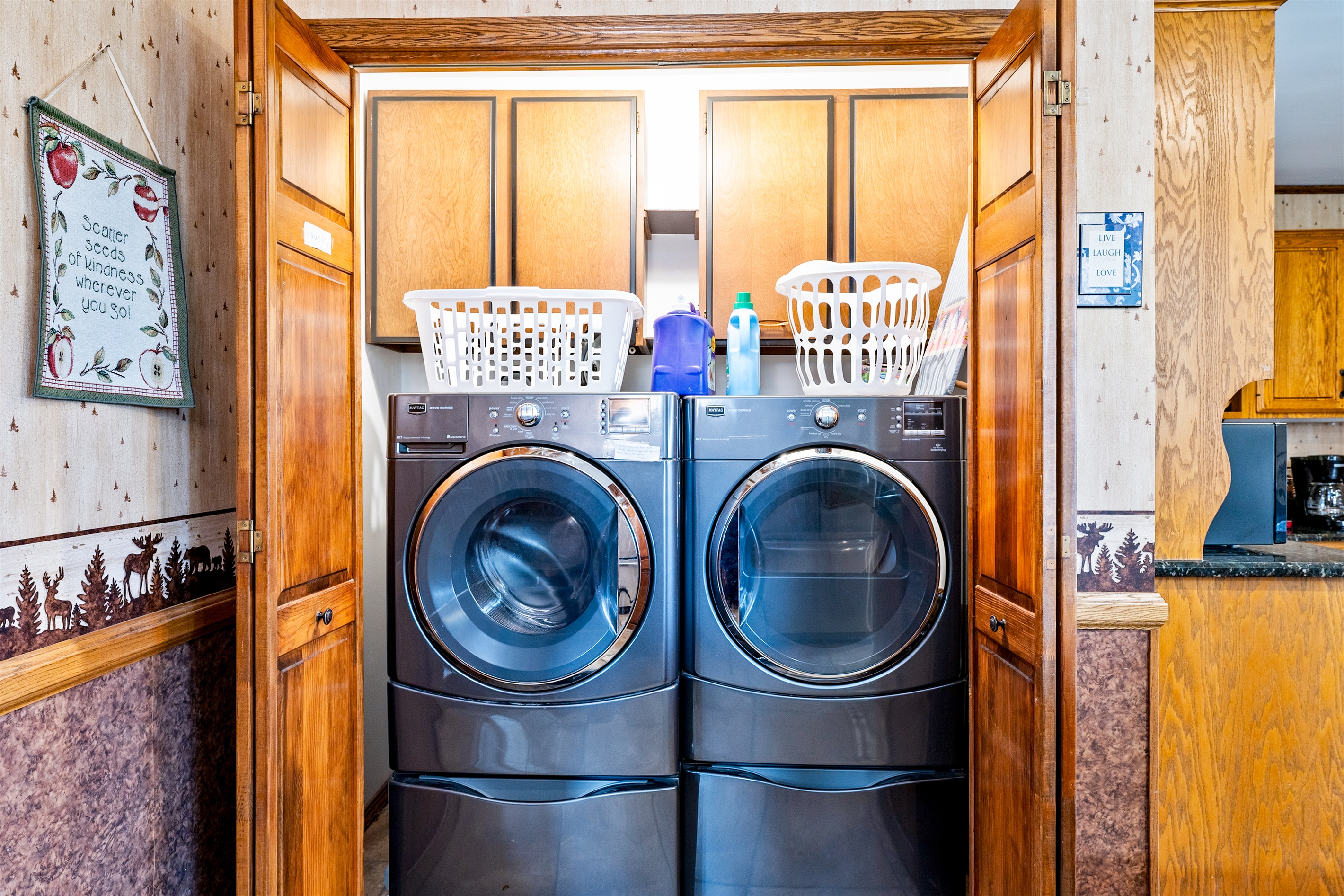 Convenient in-home laundry with washer and dryer — pack light and stay fresh during your stay.